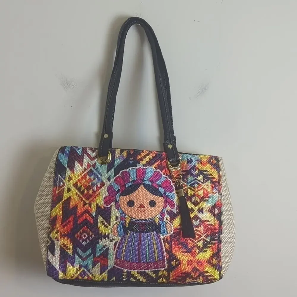 Aztec Mexico Tote Bag Purse with Little Girls in Traditional Dress Colorful